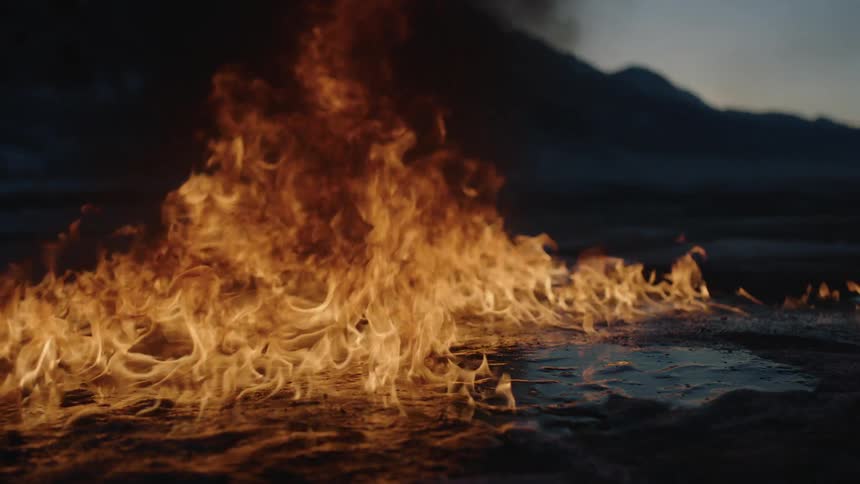 Fire rising from a patch of oil on the sand
