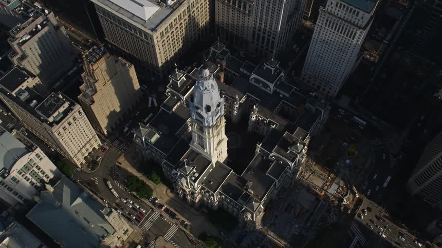 A stunning birds eye view of Philadelphia City Hall and its iconic William Penn statue in the heart of downtown