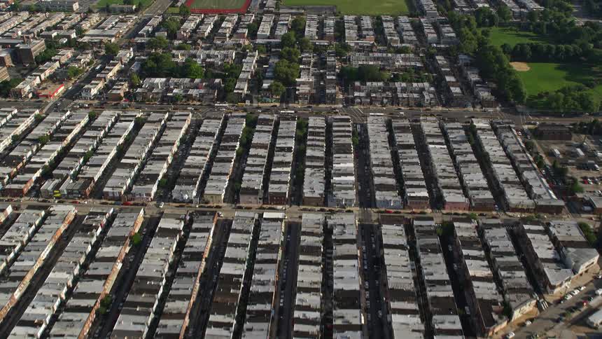 Aerial view of traffic and buildings in a city