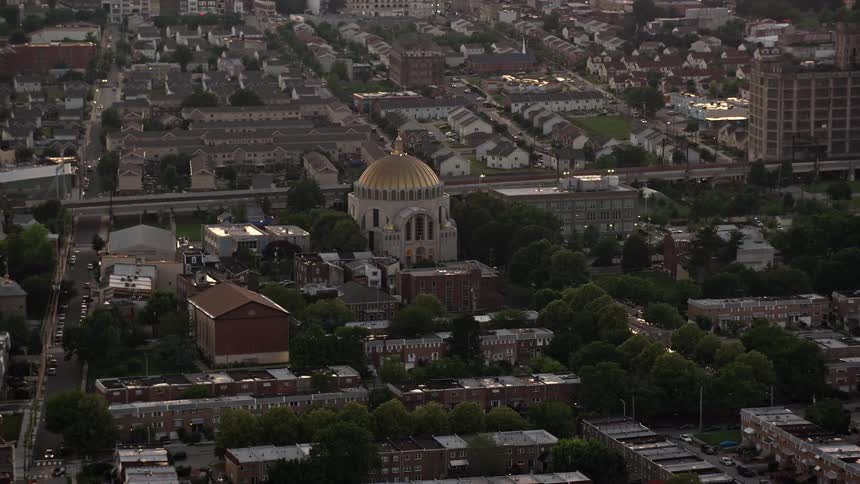 A breathtaking aerial view of the Ukrainian Cathedral Church in North Philadelphia at sunset