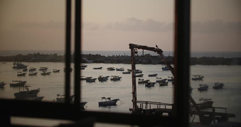 Boats sit in the water as birds fly by