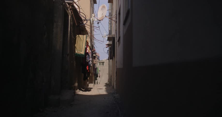 An alleyway between two buildings during the day
