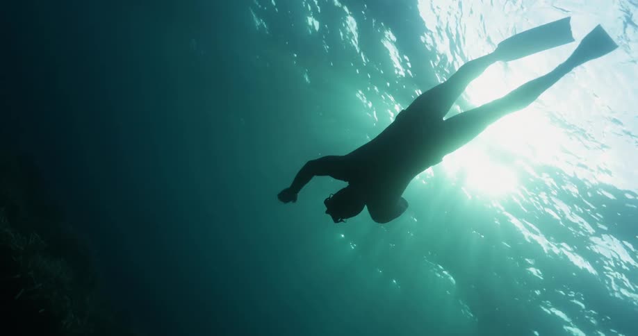 A person is scuba diving under the ocean water
