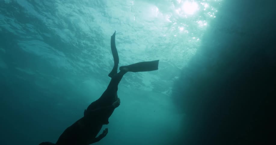 Diver swims down from water near bright surface and into murky depths