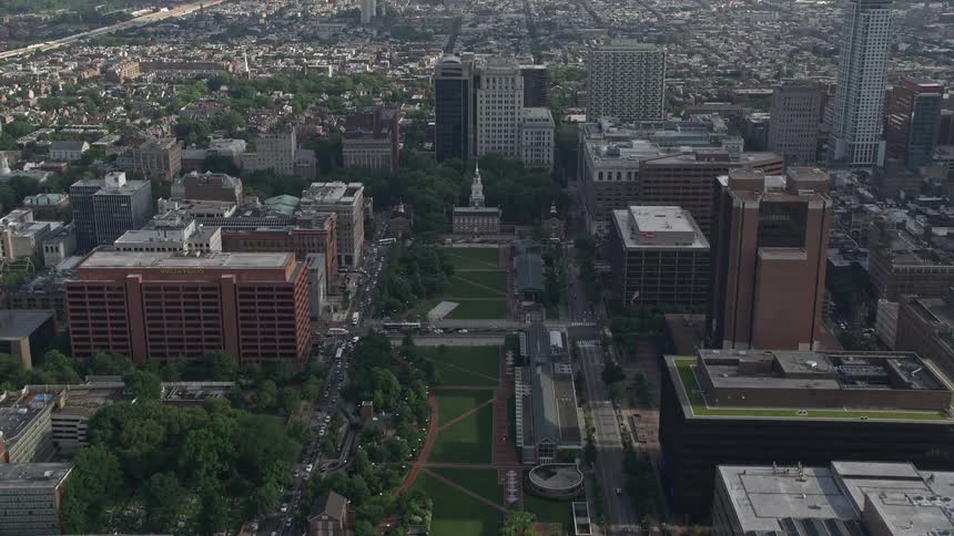 Approaching Independence Hall from above in the heart of Philadelphias historical district and overlooking Independence Mall