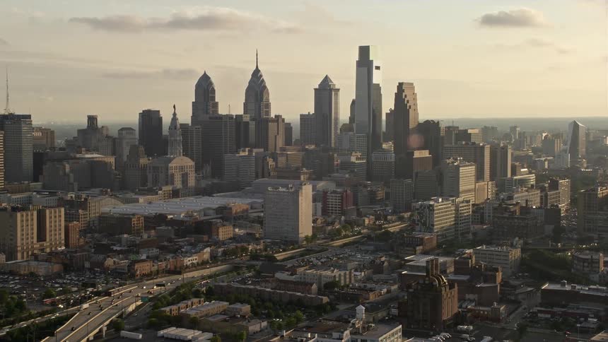 Aerial view of Downtown Philadelphia skyline and Pennsylvania Convention Center at sunset