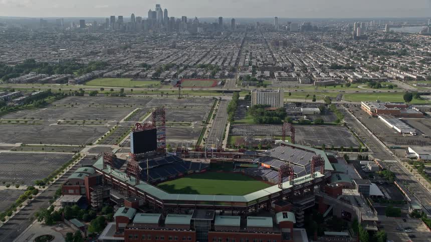 Aerial view of a stadium in a downtown city