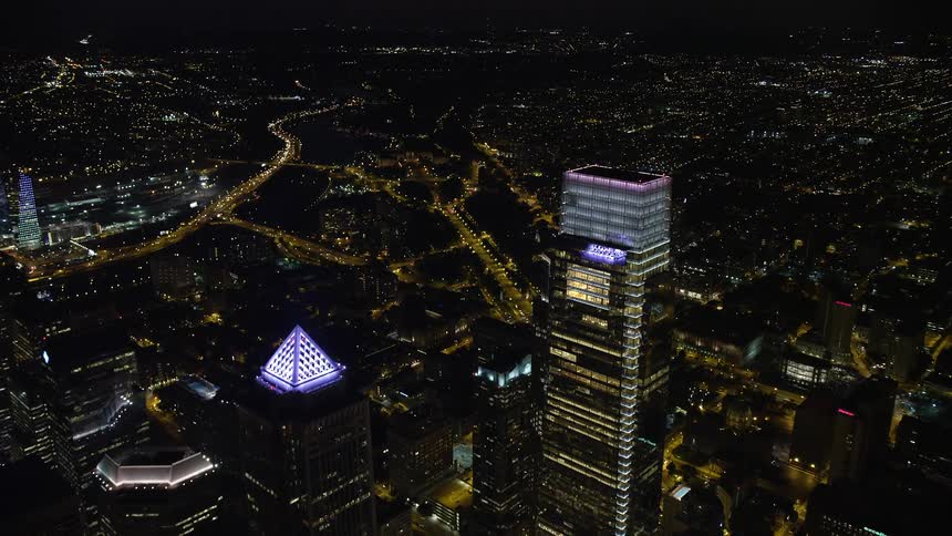 aerial footage showcases the soaring skyscrapers of Downtown Philadelphia leading up to the reveal of the famous Philadelphia Museum of Art at night