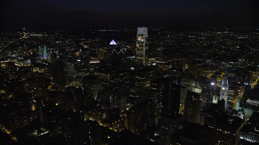 Approaching Downtown Philadelphia skyscrapers at night from the south side of the city in clear skies