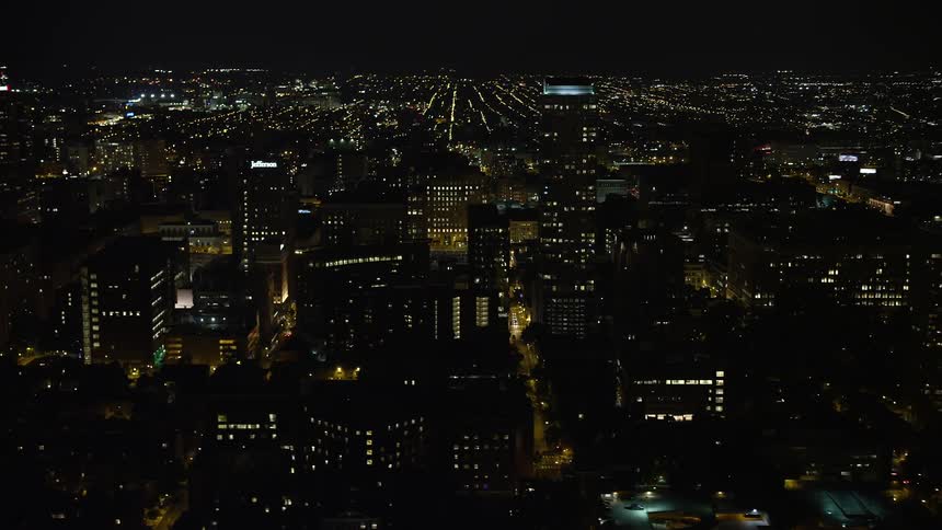 An aerial night view of high-rise apartment and office buildings in Downtown Philadelphia Pennsylvania