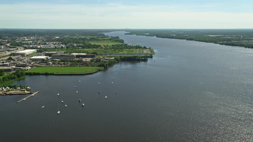 Aerial view of boats sailing on the Delaware River in Philadelphia Pennsylvania