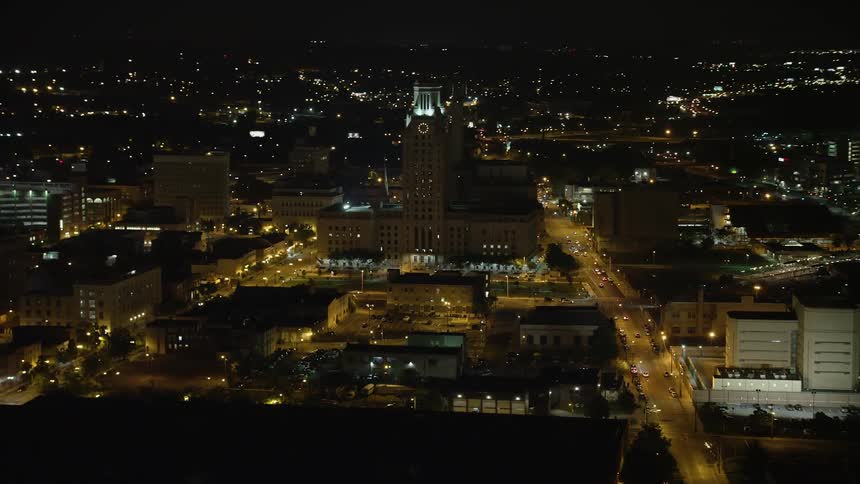 Aerial footage of Camden County City Hall in New Jersey at night