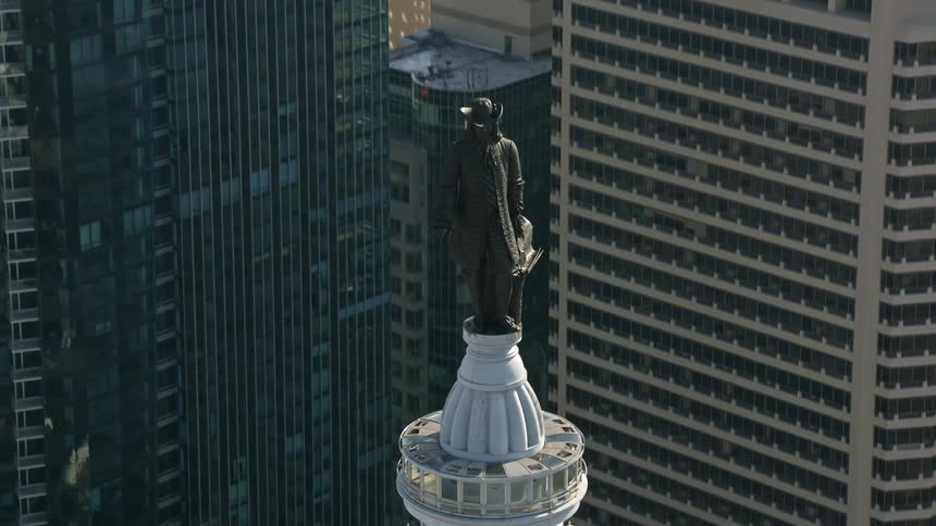 Aerial view of the William Penn statue towering above Philadelphia City Hall in downtown Philadelphia Pennsylvania