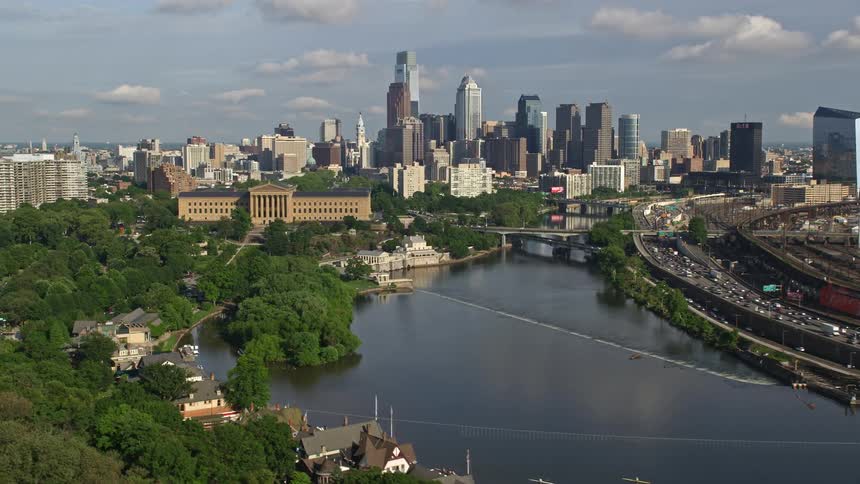 Aerial view of Philadelphia Museum of Art and Downtown Philadelphia skyline taken from Schuylkill River during the day