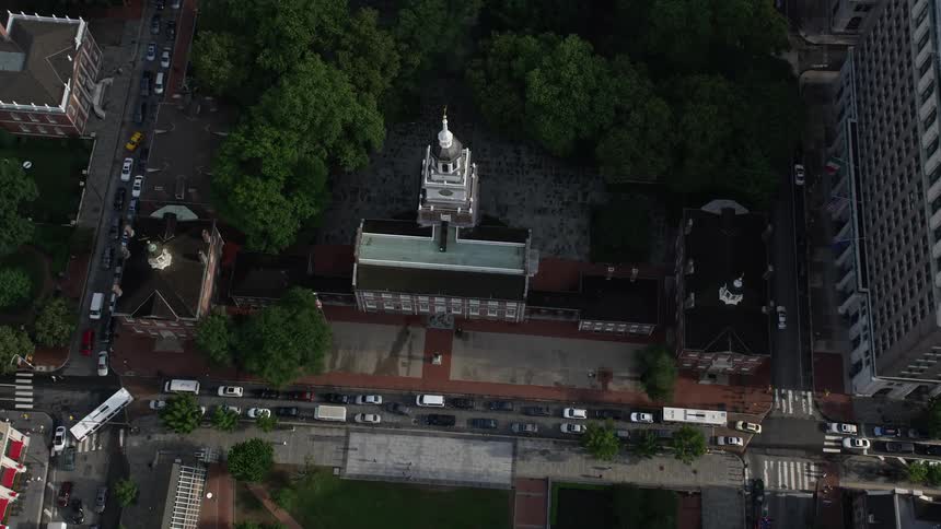An aerial view of approaching Independence Hall at the end of Independence Mall in downtown Philadelphia