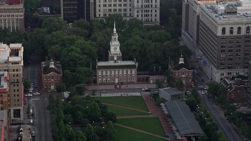 Aerial view during sunset approaching Old City Hall and Independence Hall in Downtown Philadelphia Pennsylvania - a historical and famous landmark in the city