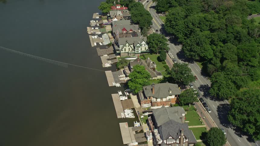 Aerial footage showing Boathouse Row and the Schuylkill River in Philadelphia on a sunny day