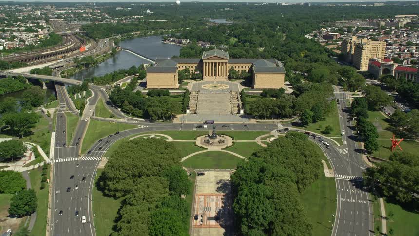 Approaching The Oval park and the iconic Philadelphia Museum of Art from an aerial view