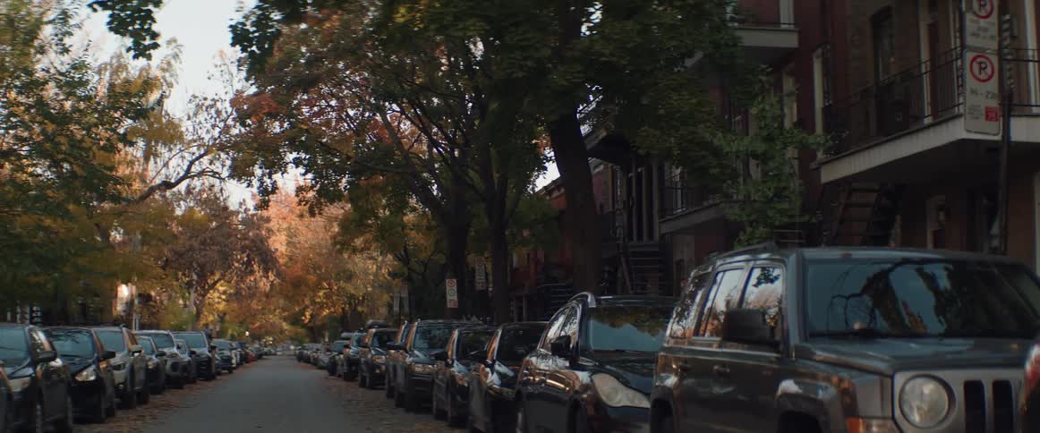 Cars are parked in a suburban neighborhood