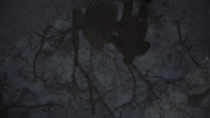 A couple reflected in a puddle on the ground during a rainstorm