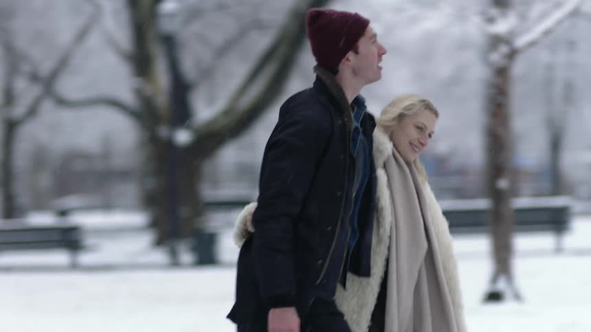 Man and woman are walking through a park together in winter