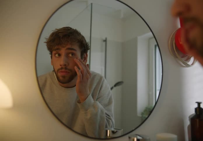 A man is standing in front of the bathroom mirror as he puts his hands on his face as he looks at himself