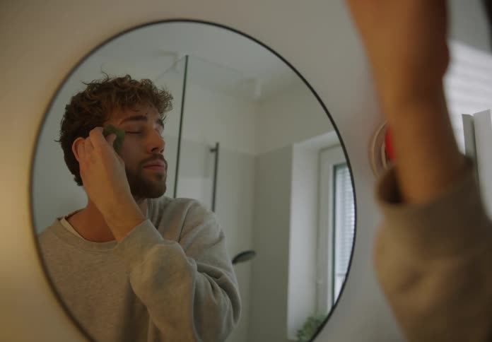 A man with a beard uses a guasha tool while looking in a bathroom mirror