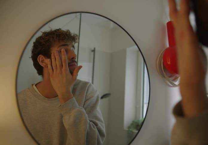 Man looks in the mirror and applies lotion to his face with his fingers