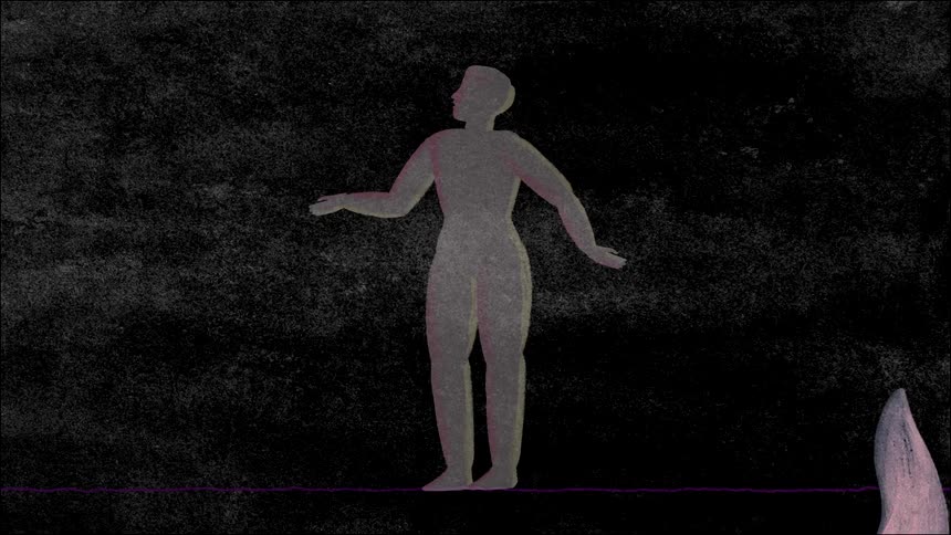 Animation of a person in the spotlight with a dark background then the person falls into the abyss and is surrounded by colorful flames