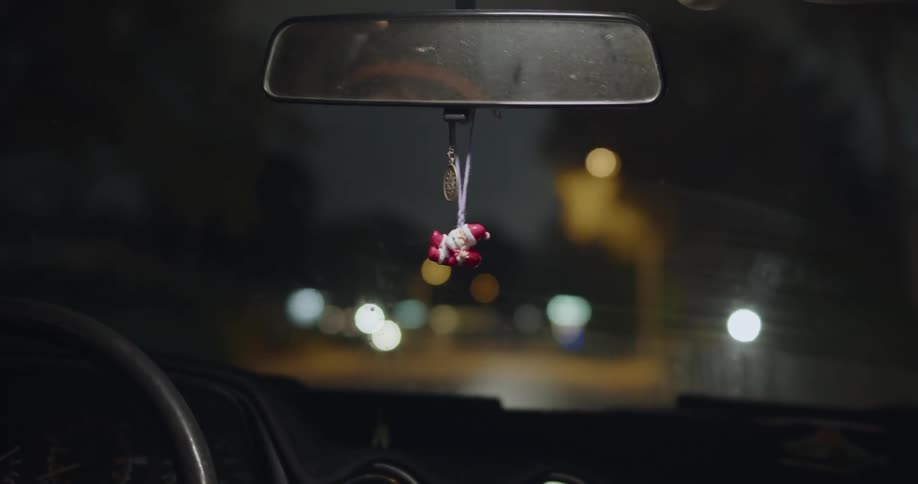 A woman drives down a neighborhood street at night