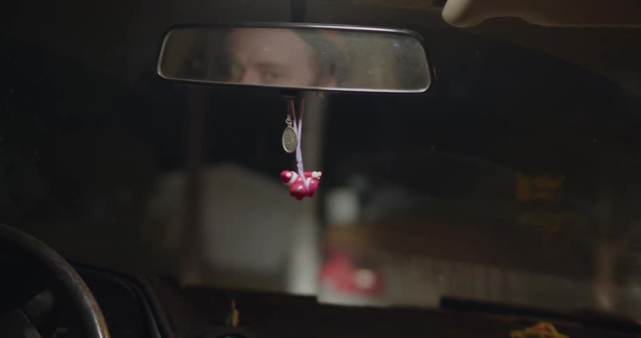 Two people drive along neighborhood at night looking at christmas lights