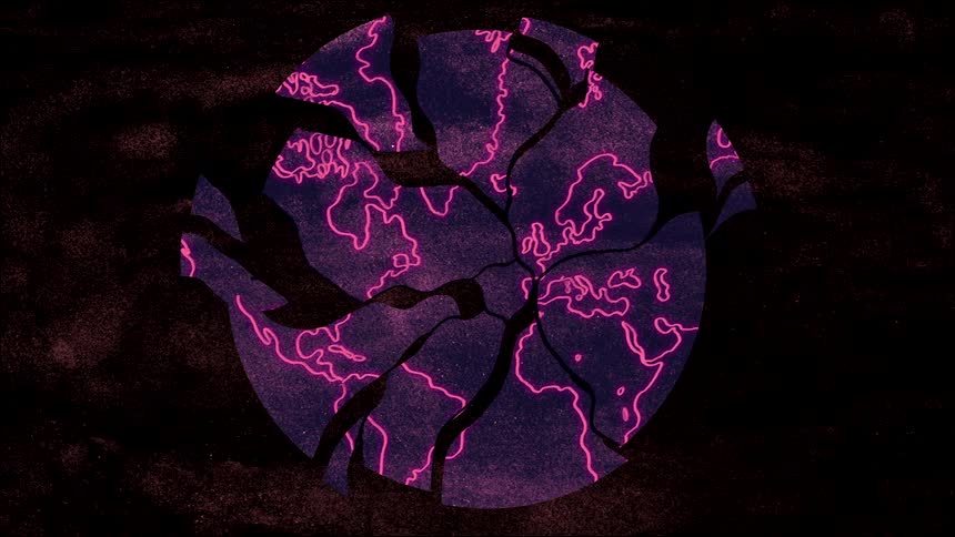A sphere cracking open and giving way to pink flames as a body falls into them