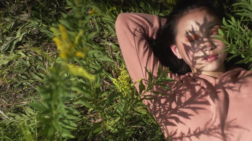 An asian woman is laying in the grass relaxing in the sun with her hand behind the head