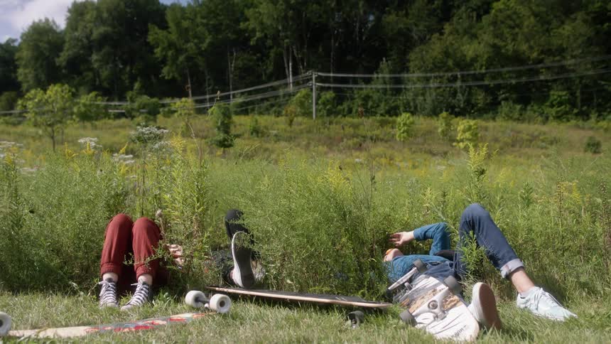 Two people laying in a field on a sunny day