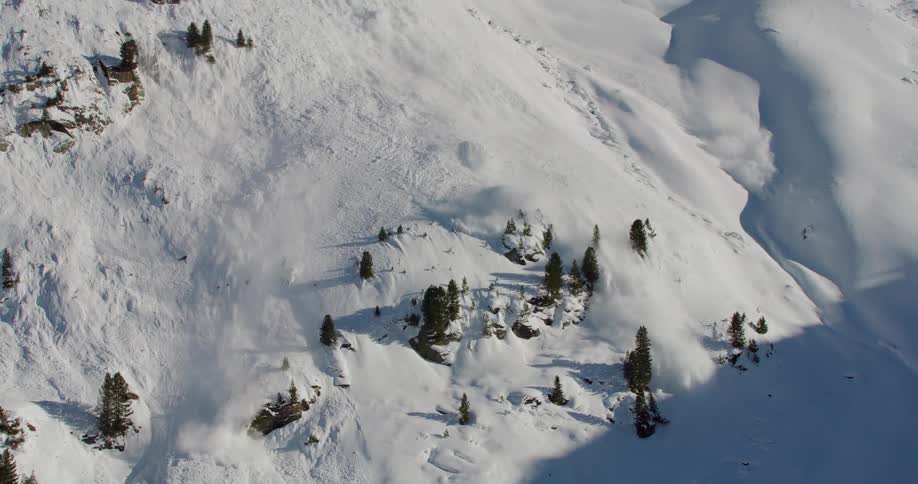 The sun shines on rough terrain and trees on a snow covered mountain during an avalanche