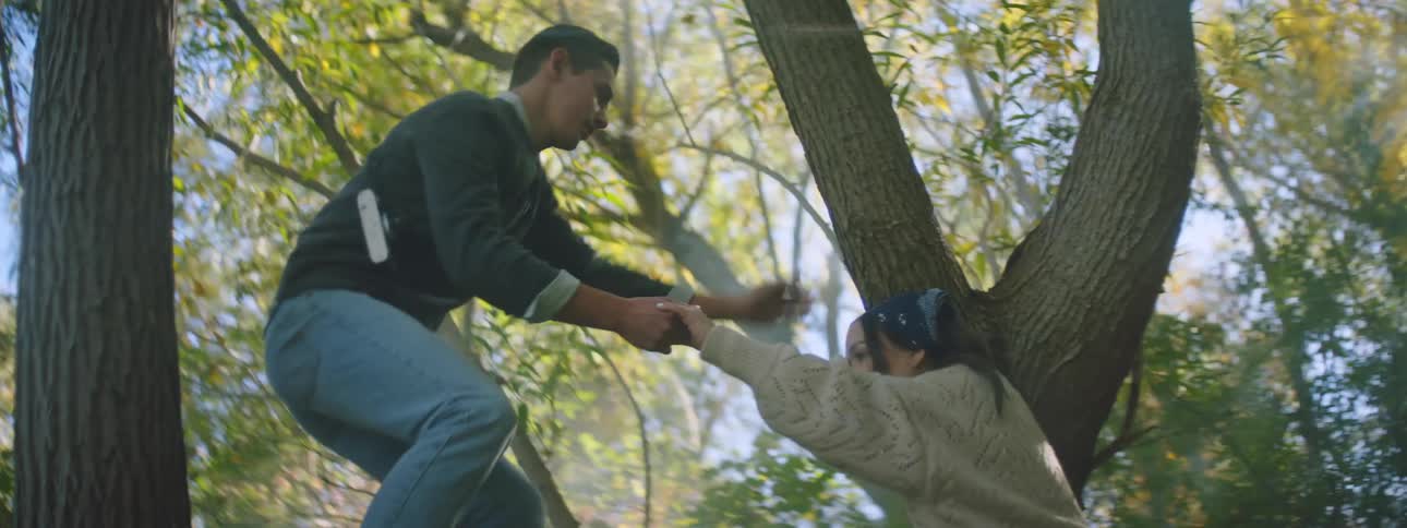 Man helps woman climb onto tree to join him on sunny day