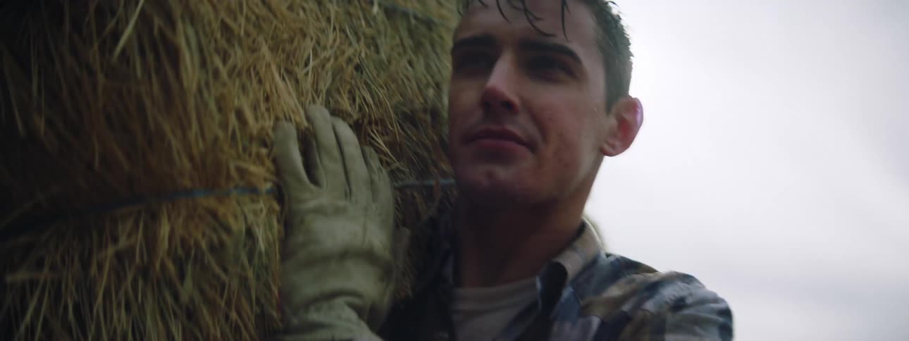 Sweaty man with plaid shirt carries straw bale in the field