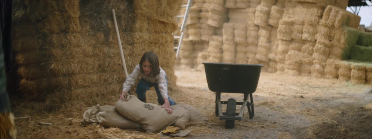 The child loads bags into the wheel barrel