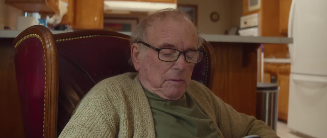 A man answers the phone while sitting in an armchair at home