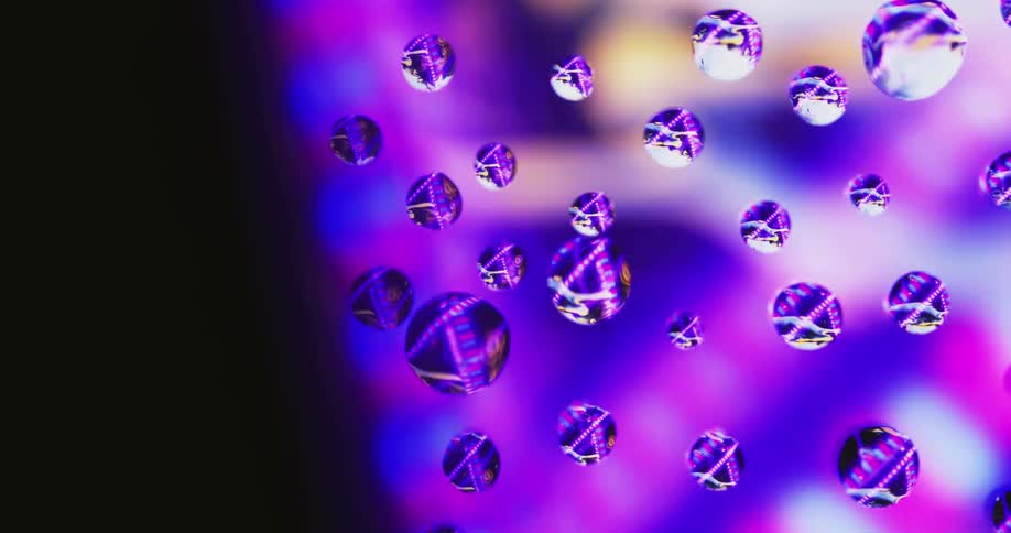 Clear water or resin droplets on glass reflecting moving neon colors in purple blue white along with shadow wipe