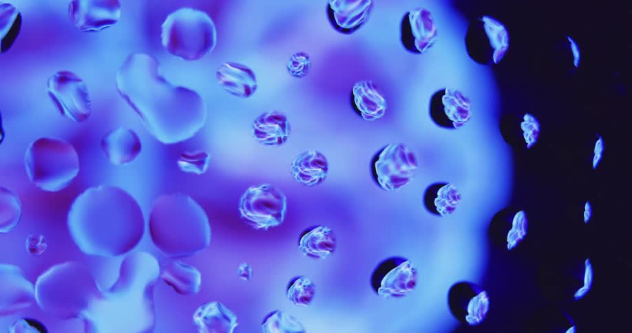 Closeup of water or clear resin droplets on glass with purple and blue light sphere rotating behind it and reflecting light off of the droplets