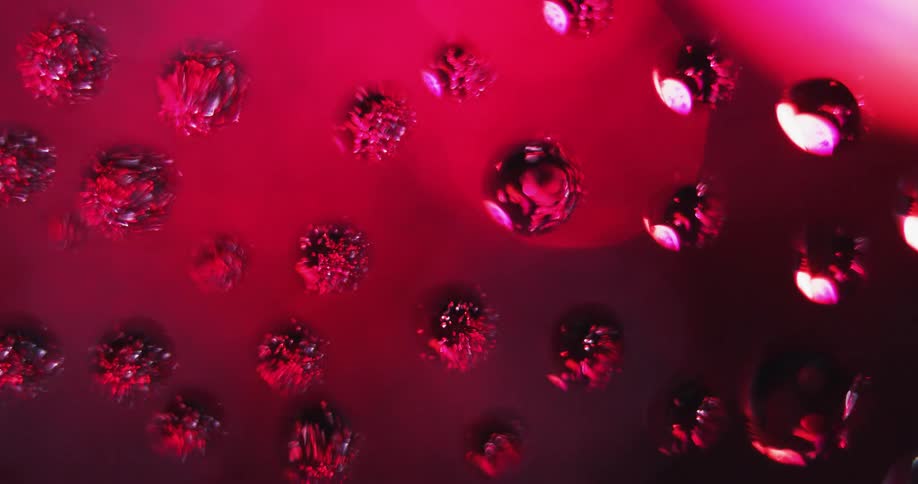 Close up of colorful lights reflecting on drops of water suspended on glass