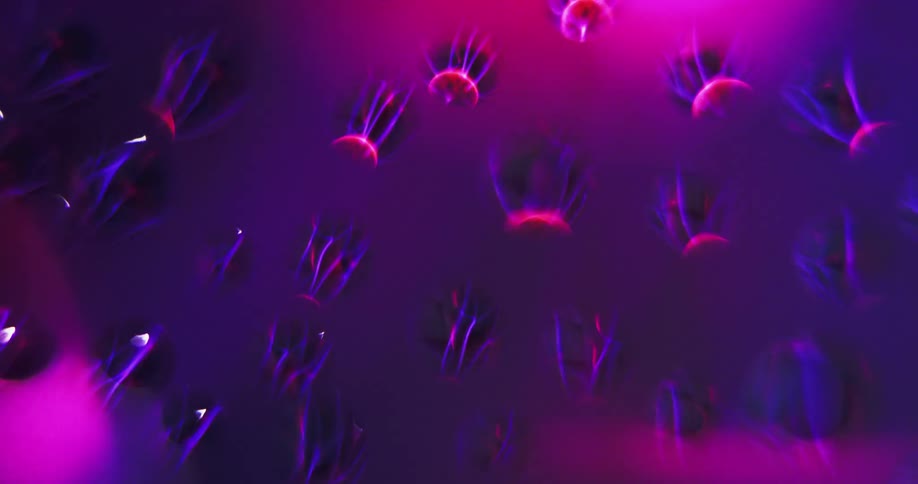 Purple and pink colored lights shine on water droplets as they appear to turn and rotate as texture is reflected inside from the moving light