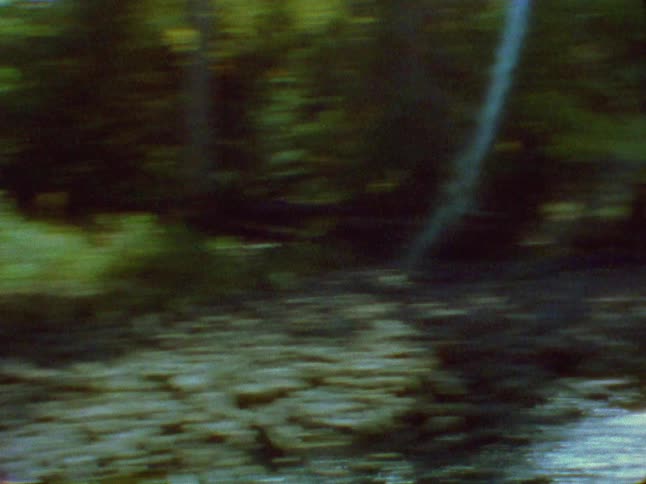 A woman with a backpack smiling and talking as the camera pans to a river stream