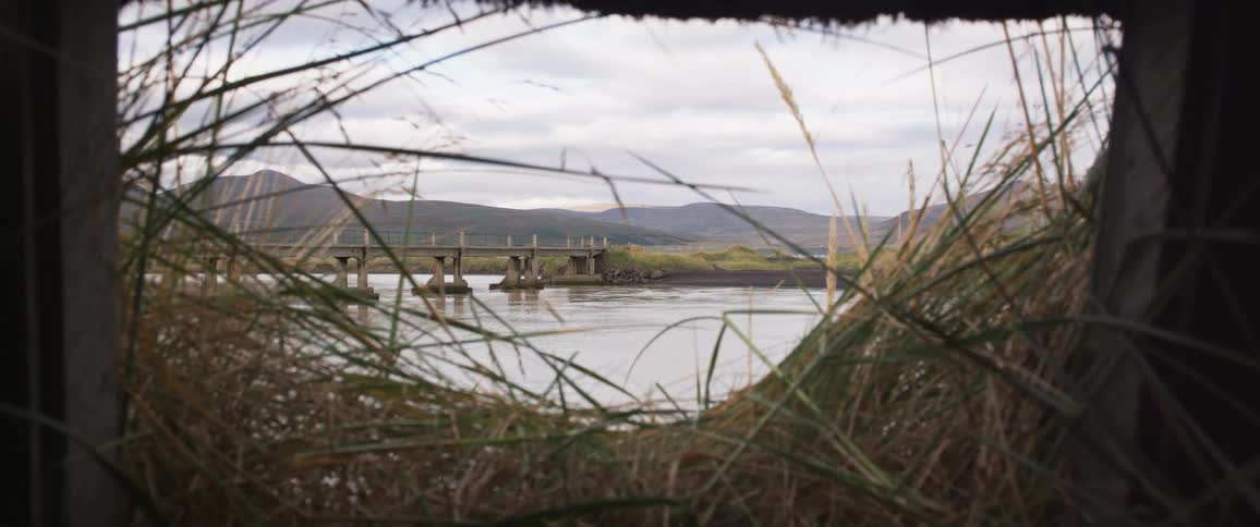 A bridge crossing water looking out from a blind with tall grass in front