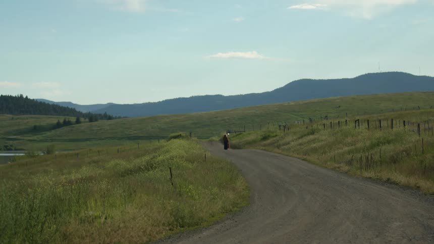 A woman is carrying a shopping bag as she walks on a rural country road with mountains in the distance