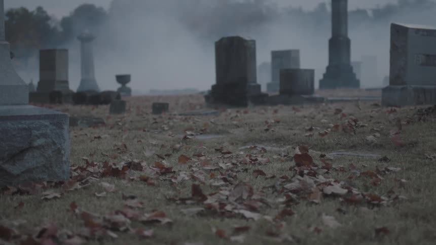 Autumn leaves blow across a foggy cemetery