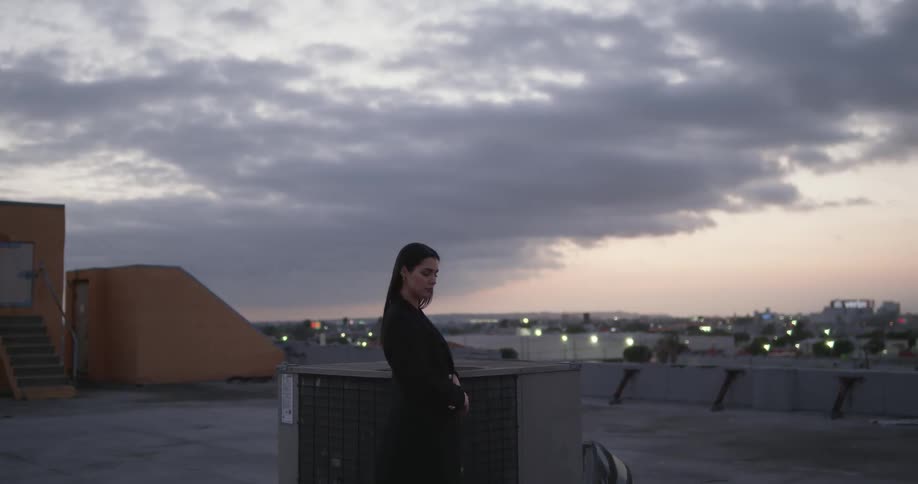 A woman stands next to an air conditioner unit on a high rise rooftop