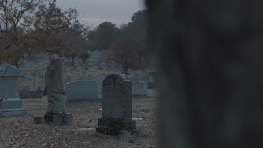 An old, large cemetery on an overcast autumn day