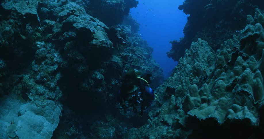 A scuba diver swimming between coral with bubbles coming out of their mask